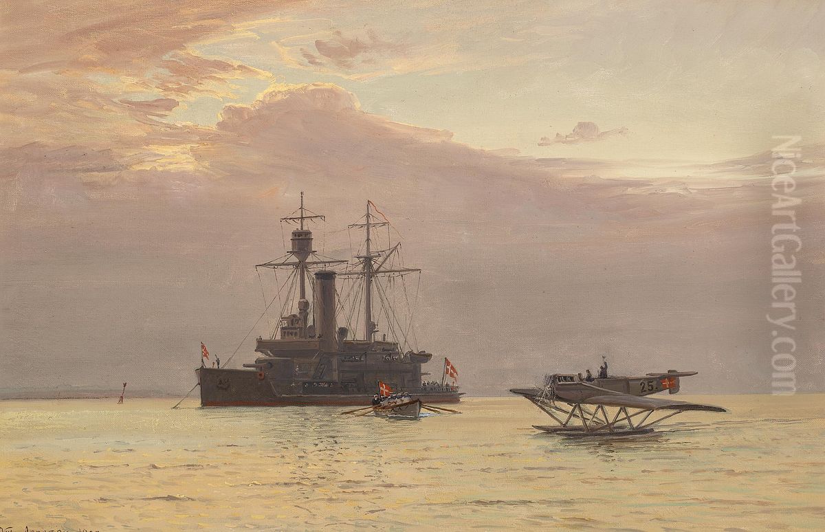 The Danish coastal defence ship Olfert Fischer receiving mail by air. Oil Painting by Vilhelm Arnesen