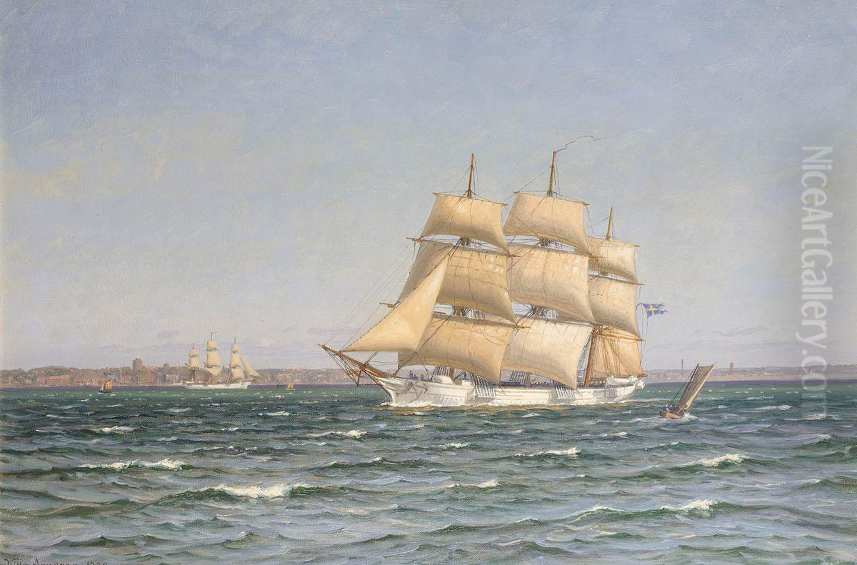 A Swedish ship off the coast. Oil Painting by Vilhelm Arnesen
