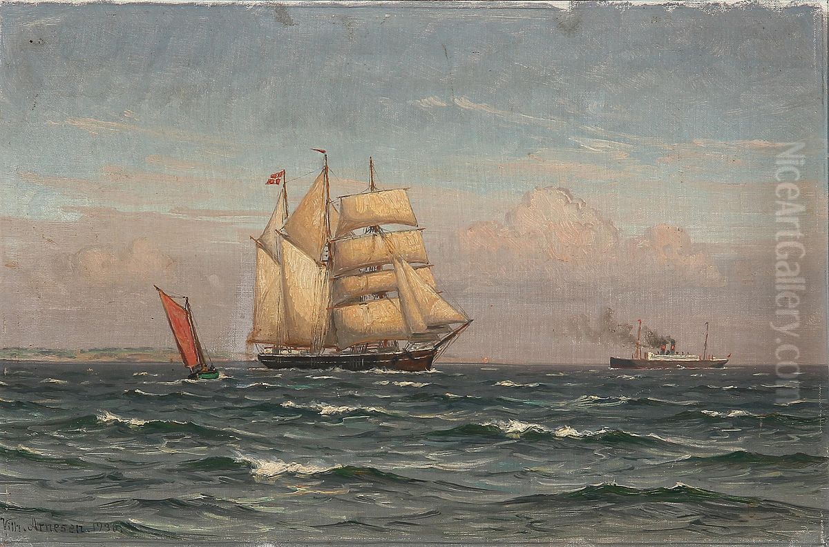 Seascape with ships on open sea. Oil Painting by Vilhelm Arnesen