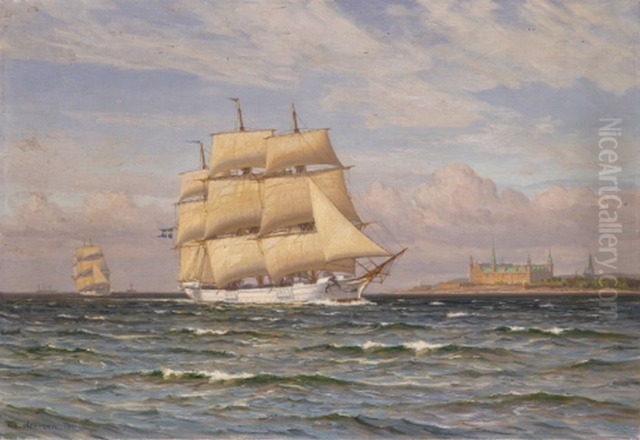Svensk fulrigger ud for Kronborg. Oil Painting by Vilhelm Arnesen