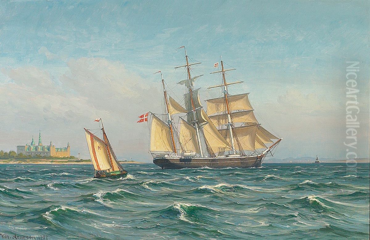 Barken Thorvaldsen ud for Kronborg. Oil Painting by Vilhelm Arnesen