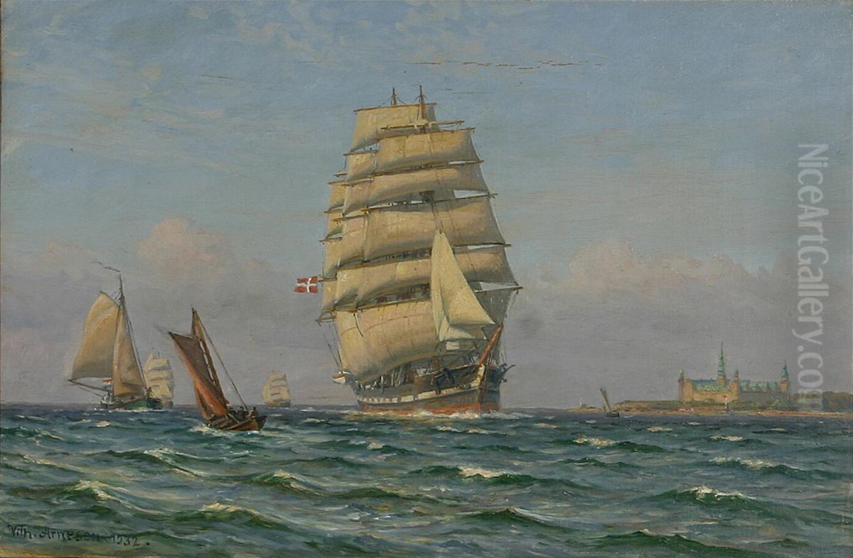 Et dansk fuldskib med Kronborg om bagbord. Oil Painting by Vilhelm Arnesen