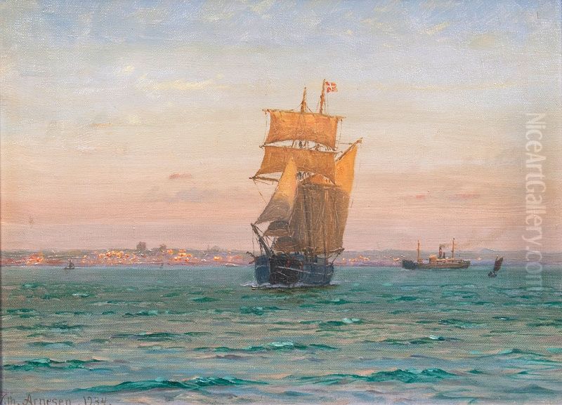 Skibe ud for Helsingborg. Oil Painting by Vilhelm Arnesen