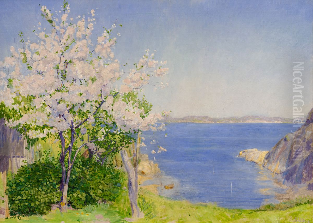 Blomstrende kirsebaertre Oil Painting by Harald Oscar Sohlberg