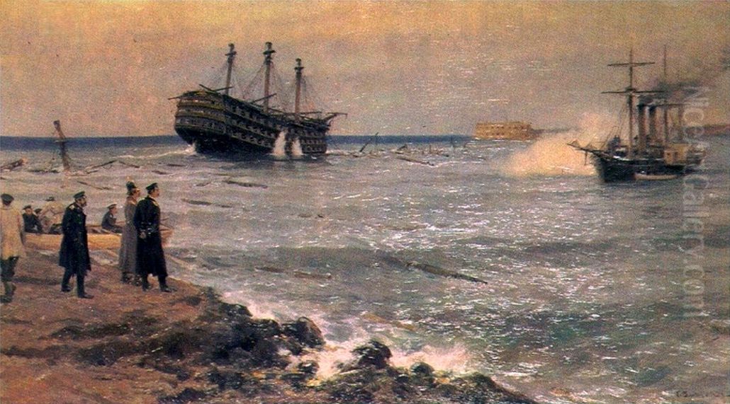 The sinking of the ships of the Black Sea Fleet on the Sevastopol roadstead on September 11, 1854 Oil Painting by Ivan Vladimirov