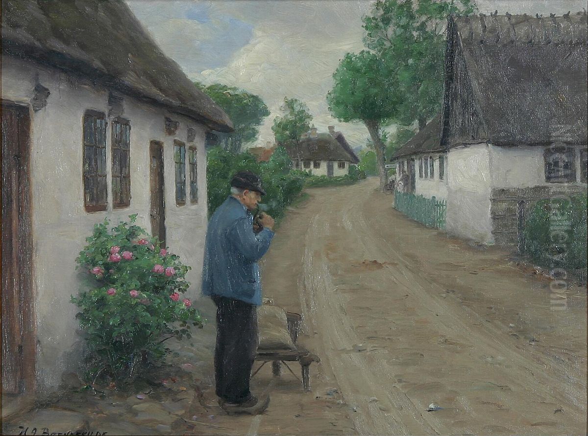 An exterior with a man on his way to the mill. Oil Painting by H. A. Brendekilde