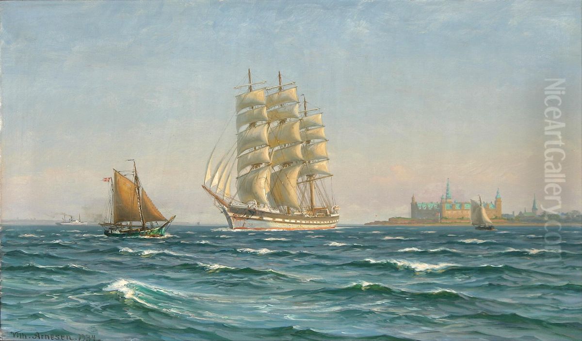 Sommerdag pa Oresund. Oil Painting by Vilhelm Arnesen