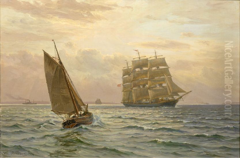 Skoleskibet Georg Stage og en fiskerbad i dansk farvand. Oil Painting by Vilhelm Arnesen