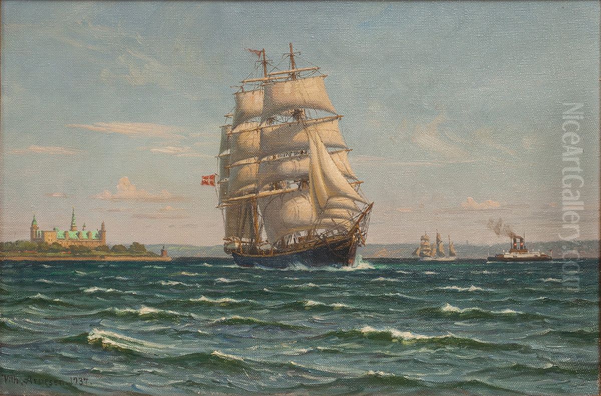 Skoleskibet Georg Stage, syd for Kronborg. Oil Painting by Vilhelm Arnesen