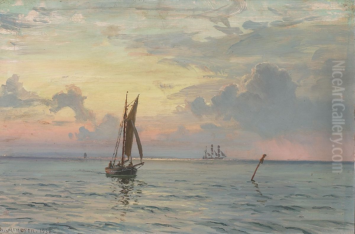 Marine med sejlskibe. Oil Painting by Vilhelm Arnesen