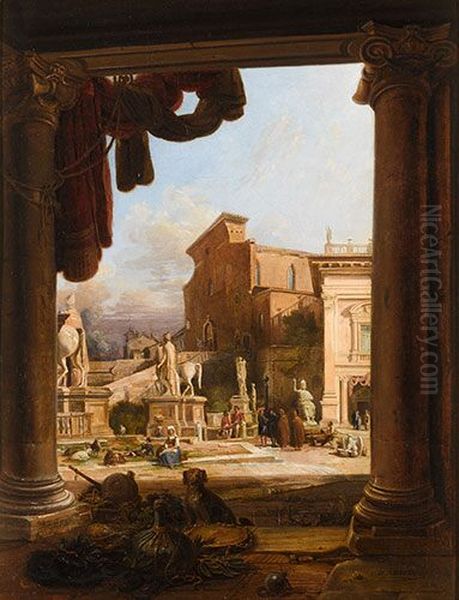 View of the Piazza del Campidoglio in Rome Oil Painting by Jodocus Josse Sebastiaen Van Den Abeele
