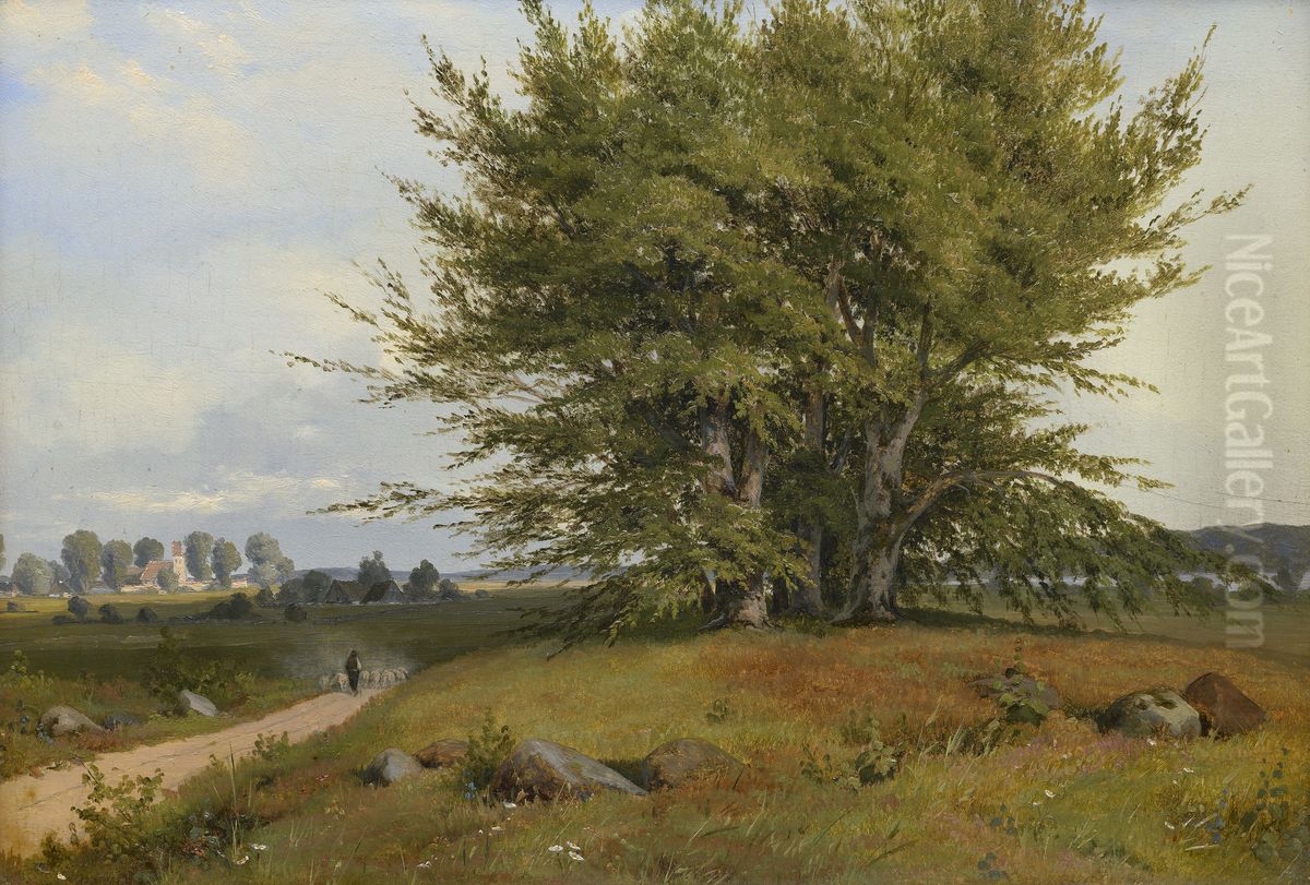 Danish beech landscape with shepherds and church in the background Oil Painting by Anton Eduard Kieldrup