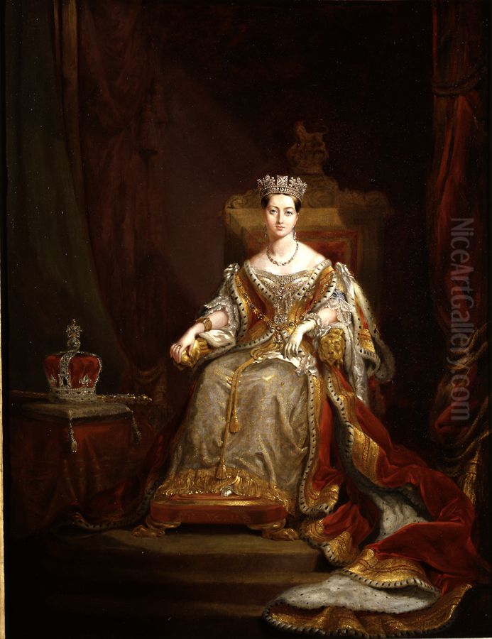 Portrait of Queen Victoria (1819-1901), seated full-length, in ceremonial robes, the crown and sceptre by her side Oil Painting by George Hayter