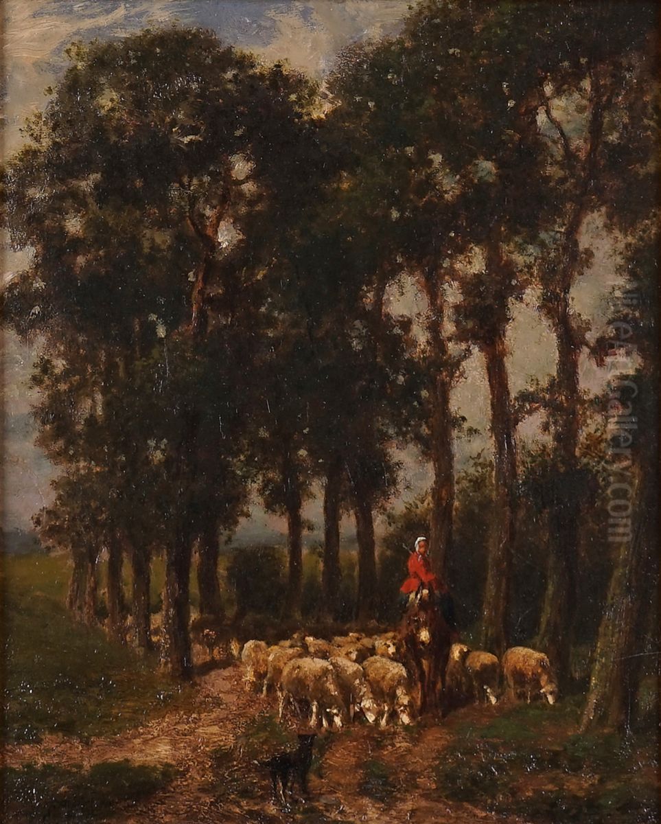 A figure on horseback with a flock of sheep and a dog Oil Painting by Edward Woutermaertens
