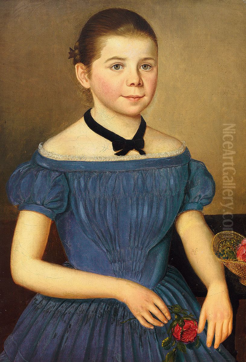 Portrait eines Madchens im schulterfreien blauen Kleid Oil Painting by unknown