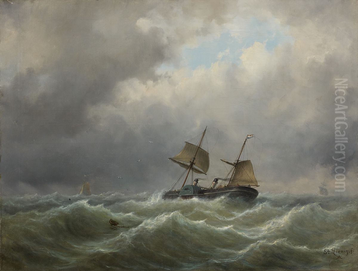 A paddle wheel steamer with auxiliary sail power on a stormy sea Oil Painting by Egide Linnig