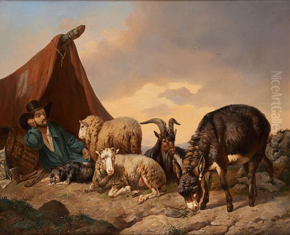 Shepherd, his dog and his sheep on a landscape background Oil Painting by Edward Woutermaertens