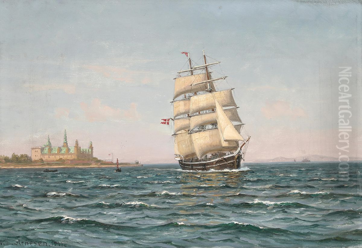 The three masted barque Thorvaldsen off Kronborg Castle. Oil Painting by Vilhelm Arnesen