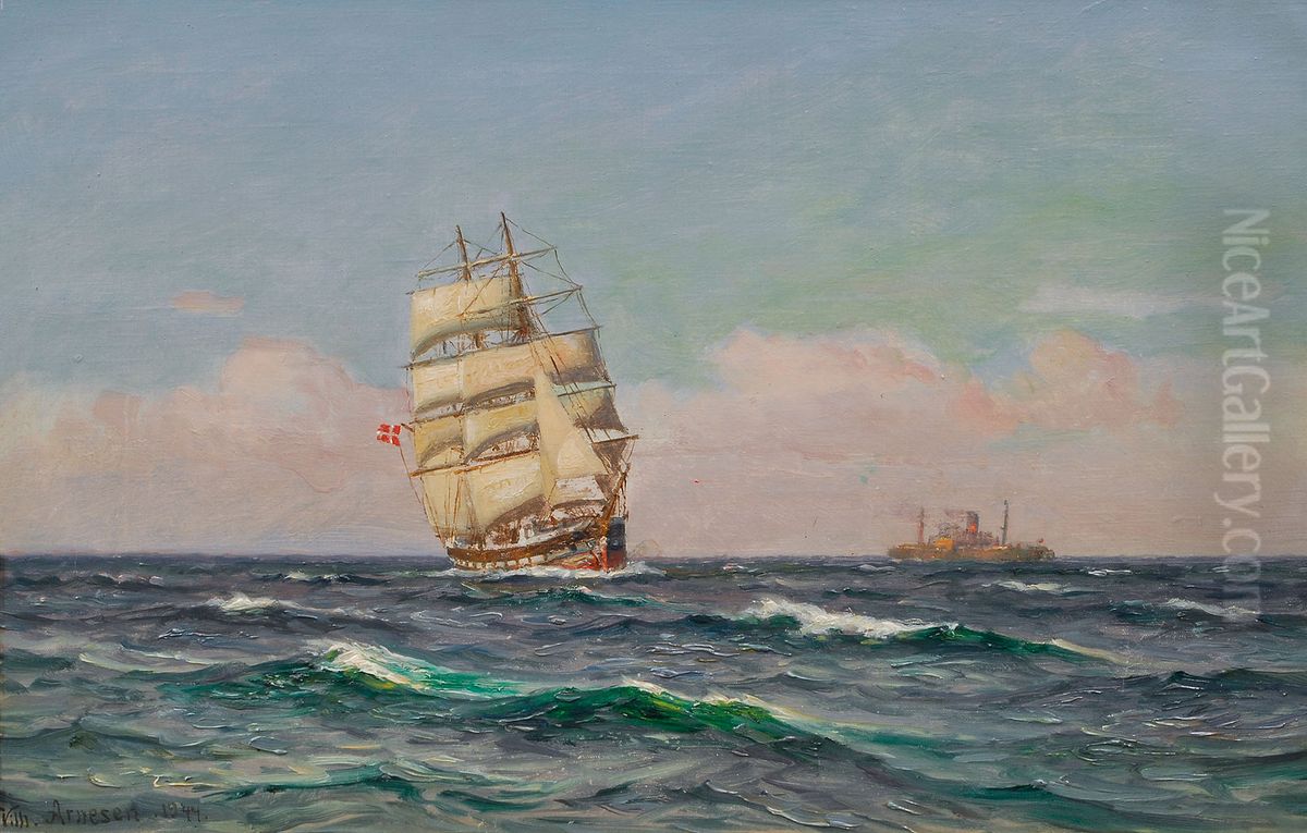 A threemaster and a steamship. Oil Painting by Vilhelm Arnesen