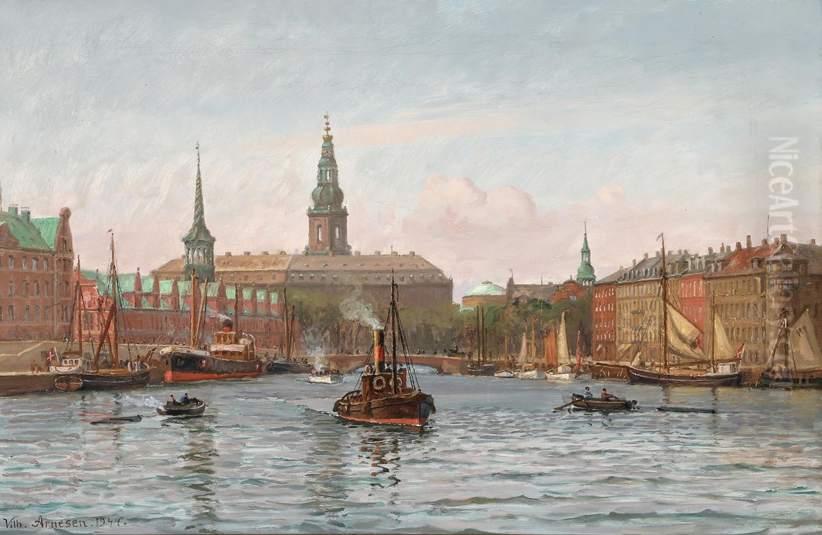 Parti fra Kobenhavns Havn med udsigt til Borsen og Christiansborg. Oil Painting by Vilhelm Arnesen