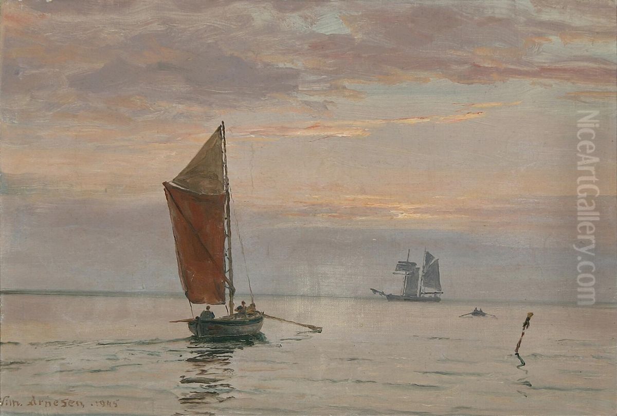 Marine med sejlskibe en stille dag pa Sundet. Oil Painting by Vilhelm Arnesen