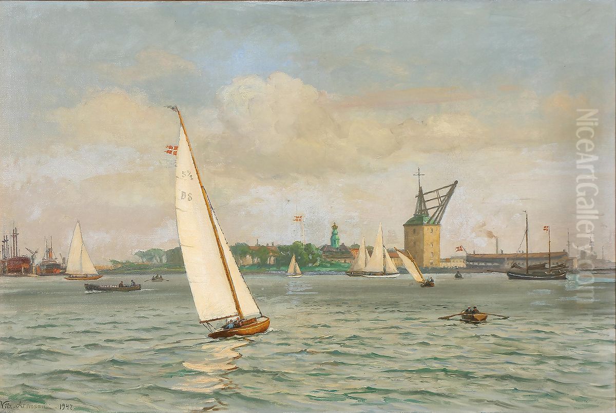View of the port of Copenhagen with Holmen. Oil Painting by Vilhelm Arnesen