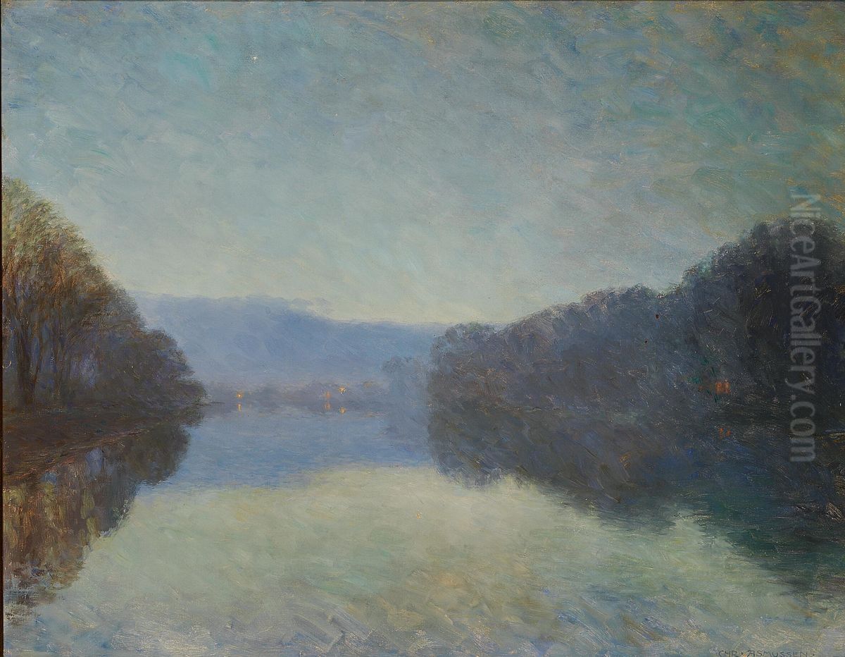 A landscape at dusk. Oil Painting by Christian Asmussen