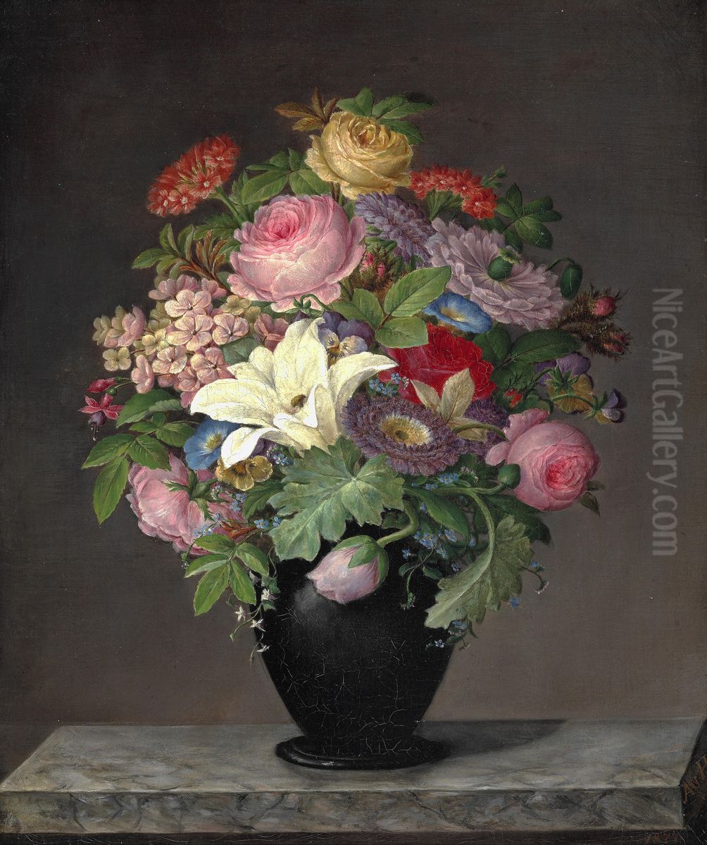 Flowers in a vase on a ledge. Oil Painting by Princess Auguste of Hessen-Kassel