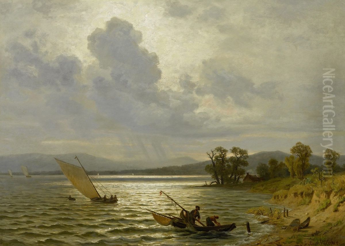 Fischerpaar in einem Boot in einer weiten Kustenlandschaft Oil Painting by Gustav Friedrich Wilhelm Richter