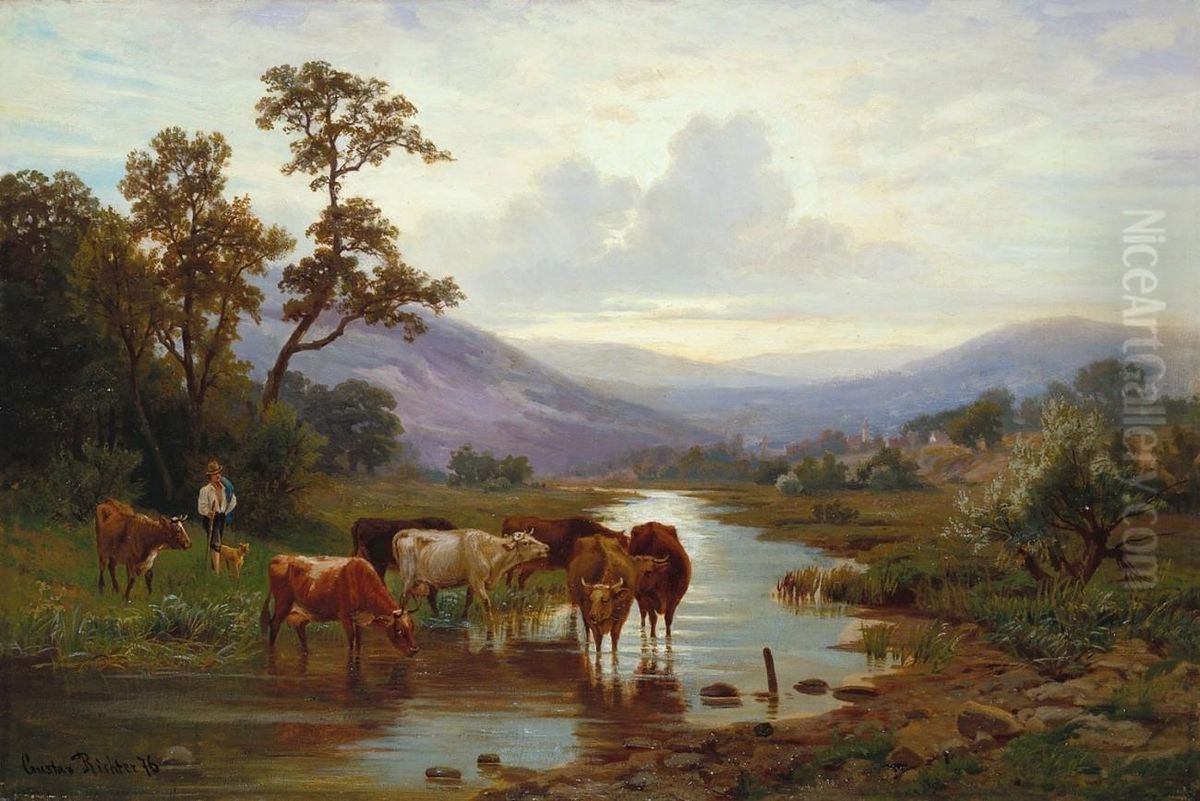 Harzlandschaft mit Kuhherde an der Tranke Oil Painting by Gustav Friedrich Wilhelm Richter