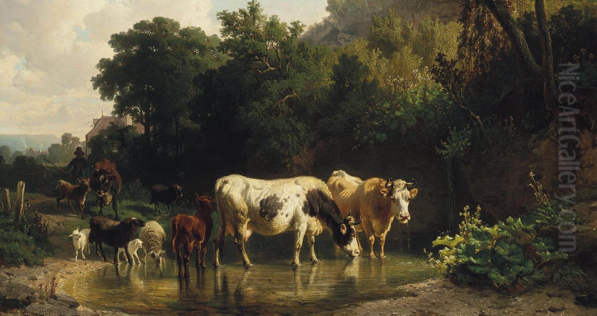 Watering livestock at the stream Oil Painting by Friedrich Voltz