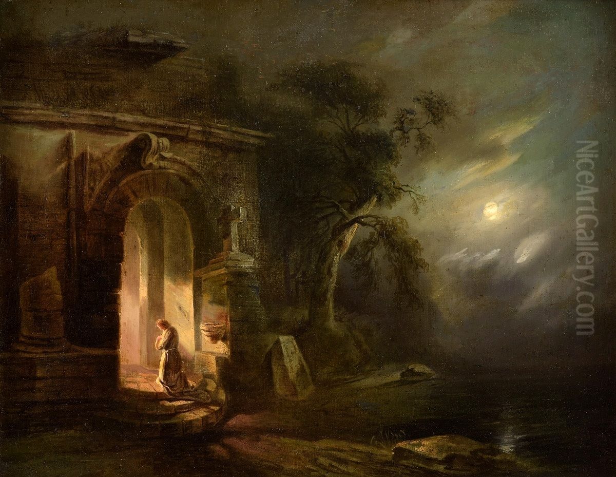 Mondscheinlandschaft mit Kapelle. Oil Painting by Jan Piotr Luczynski