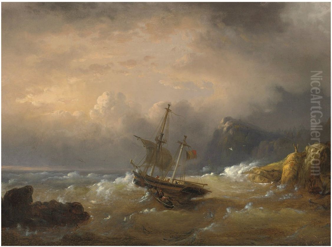 A sailing vessel off a rocky coast Oil Painting by Egide Linnig