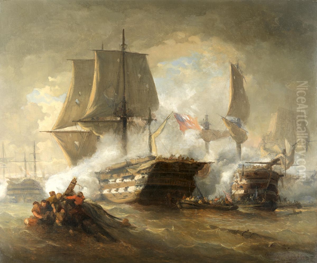 In the heat of a furious naval engagement Oil Painting by Hendrik Frans Schaefels