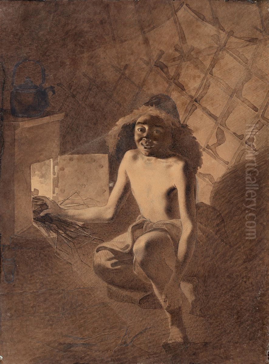 Hlopcik rozpalue grubku Oil Painting by Taras Shevchenko