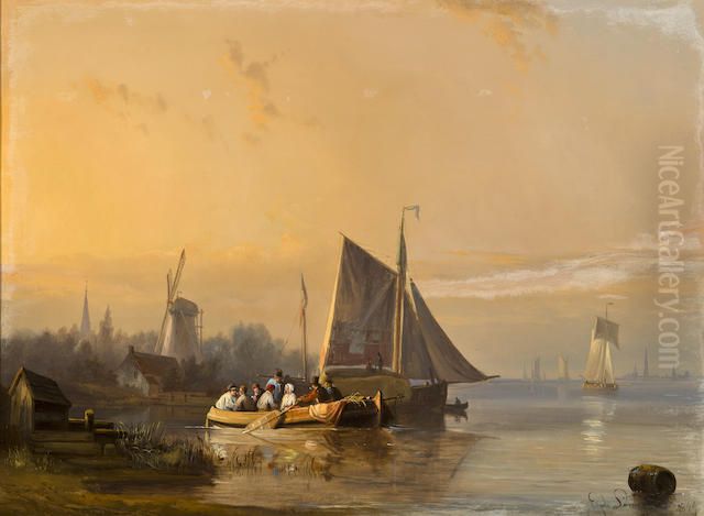 A river scene at dusk Oil Painting by Egide Linnig