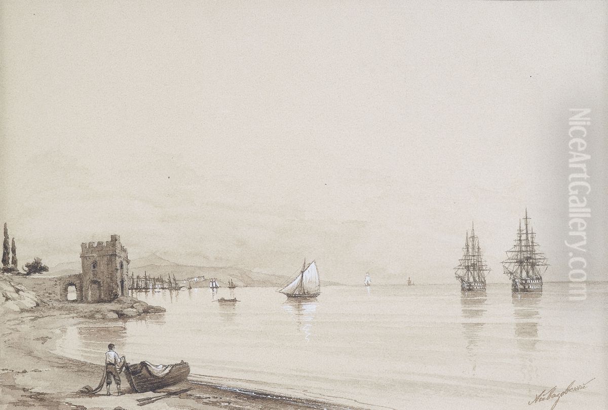 <<Vid na buhtu s mnogocislennymi parusnyh sudov (Feodosia?)>> Oil Painting by Ivan Aivazovsky