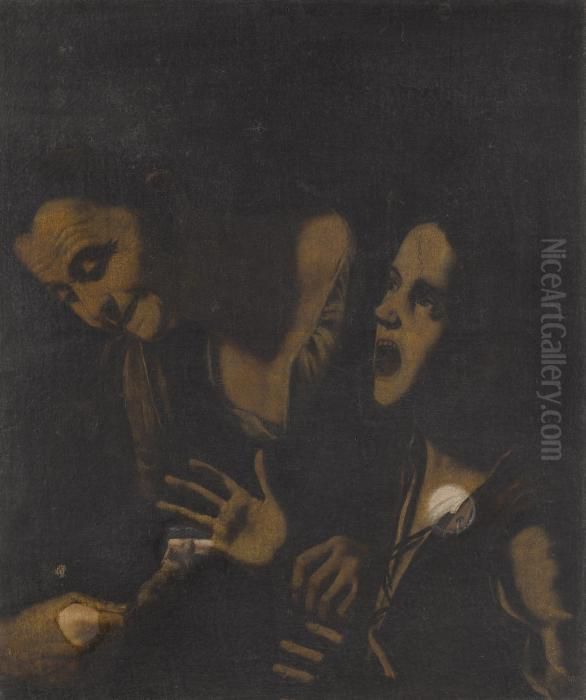 A Young Boy Bitten By A Mouse Helped By An Old Woman Oil Painting by Caravaggio