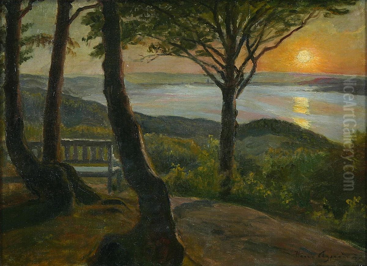View from Dronningestolen, Munkebjerg, Vejle. Oil Painting by Hans Agersnap