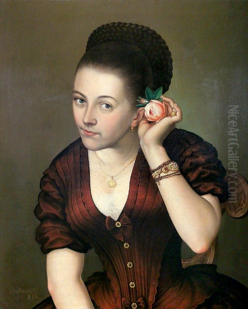 Portret kobiety z roza Oil Painting by unknown