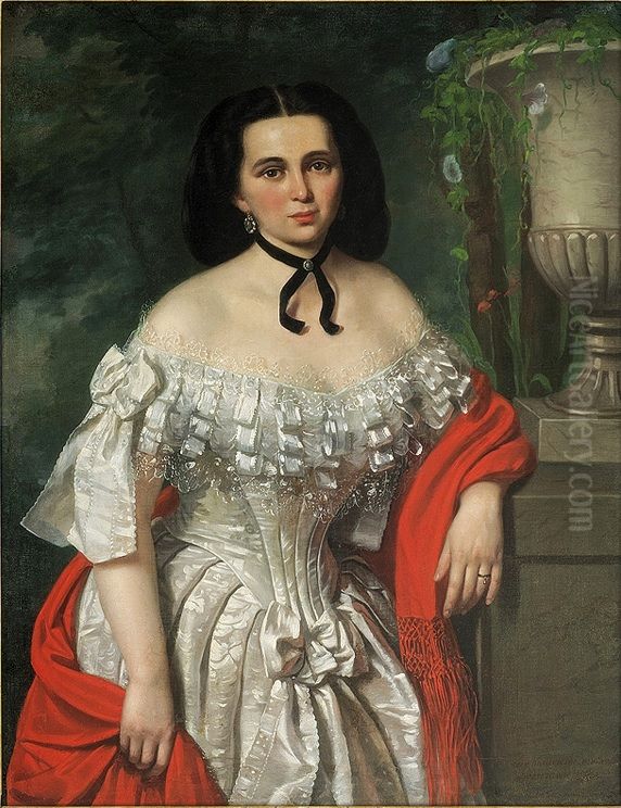 Portret damy z czerwonym szalem Oil Painting by Jan Ksawery Kaniewski