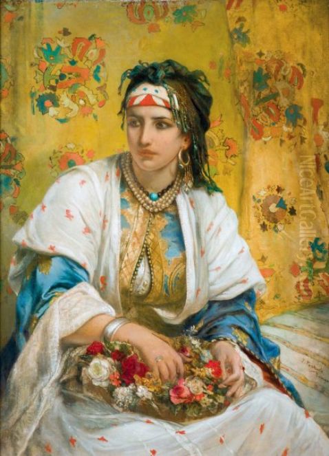 Oriental beauty with flowers Oil Painting by Jean-Francois Portaels