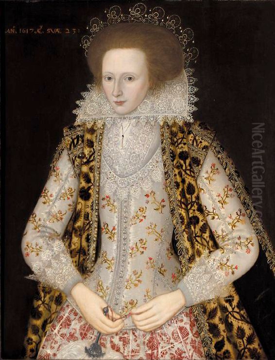 Portrait of Elizabeth Honeywood, three-quarter length, standing, wearing a rich embroidered dress, and holding a fan Oil Painting by William Larkin