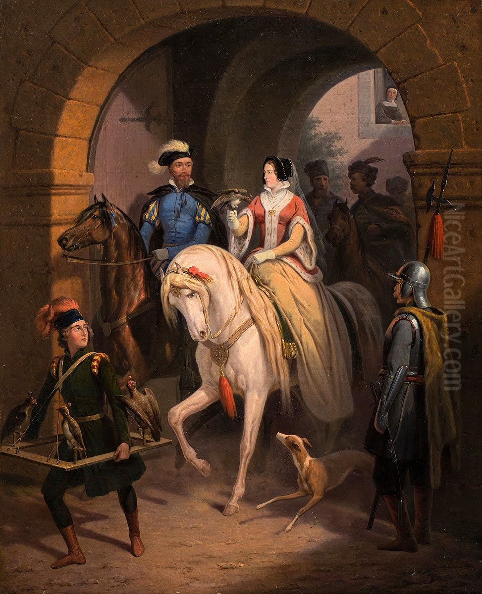 Wyjazd na polowanie z sokolem Oil Painting by January Suchodolski