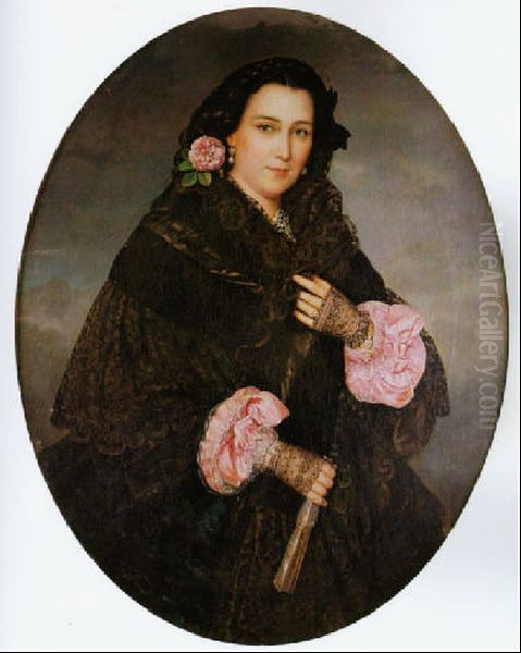 Dama con abanico Oil Painting by Jose Balaca