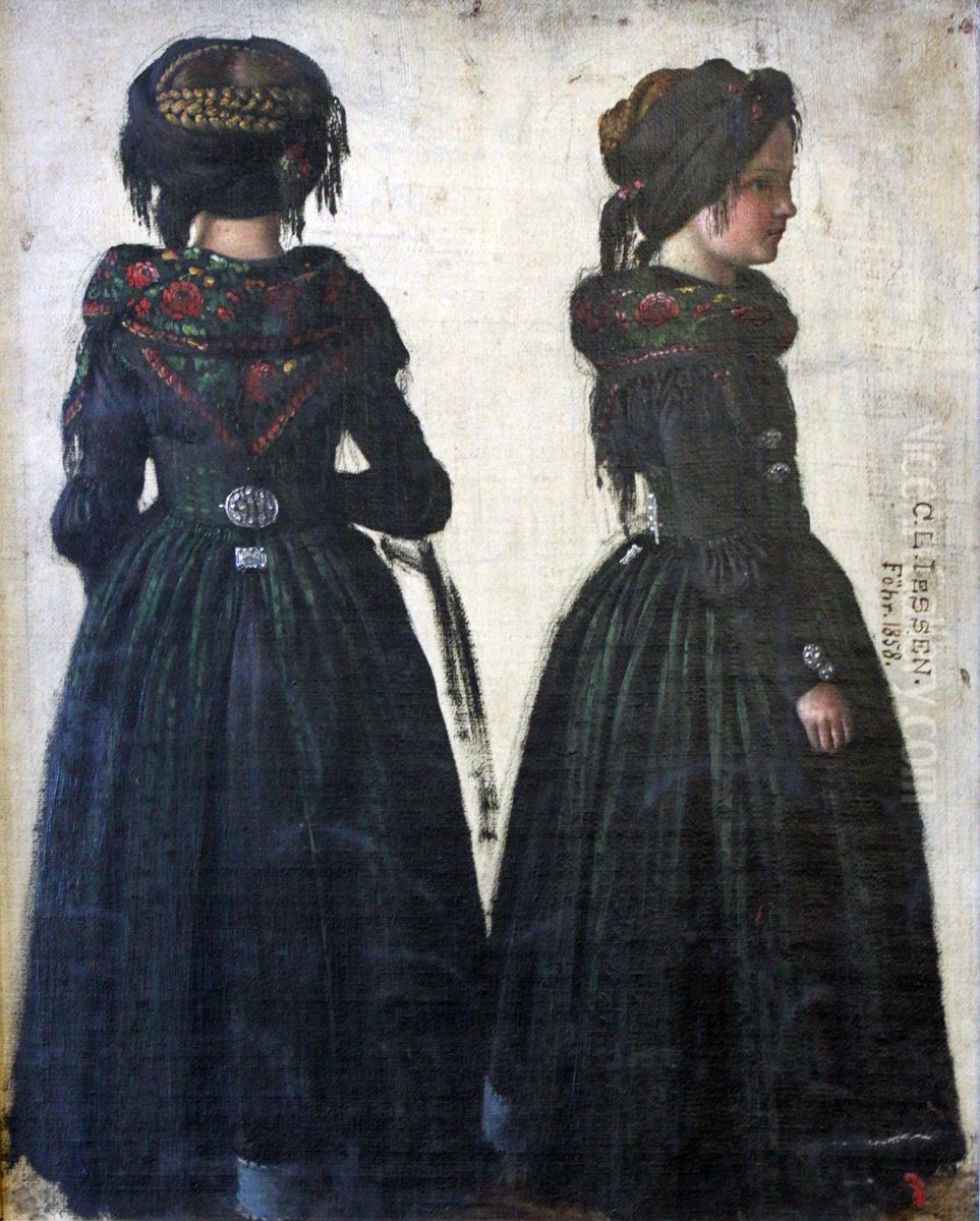 Frisian woman in a twofold depiction Oil Painting by Carl Ludwig Jessen