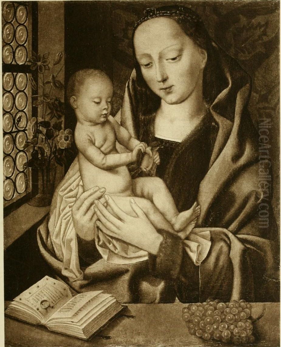 The Virgin and Child in an interior with a window, a bird, grapes, and an open book , ca. 1500-1525 Oil Painting by unknown
