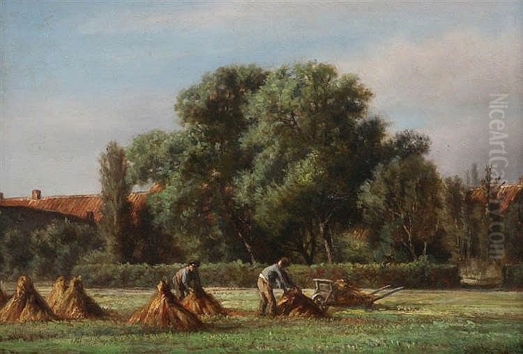 Farmers at work on the field Oil Painting by Louis Derickx