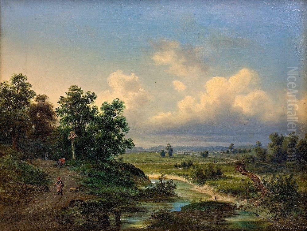 Pejzaz z rzeczka Oil Painting by Adam Wiktor Malinowski