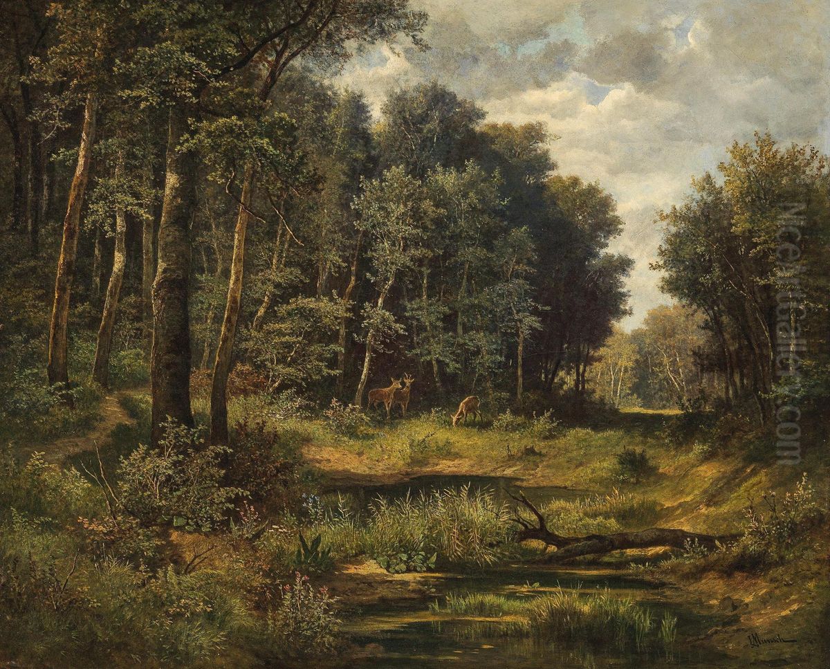 Rehe am Waldteich Oil Painting by Leopold Munsch